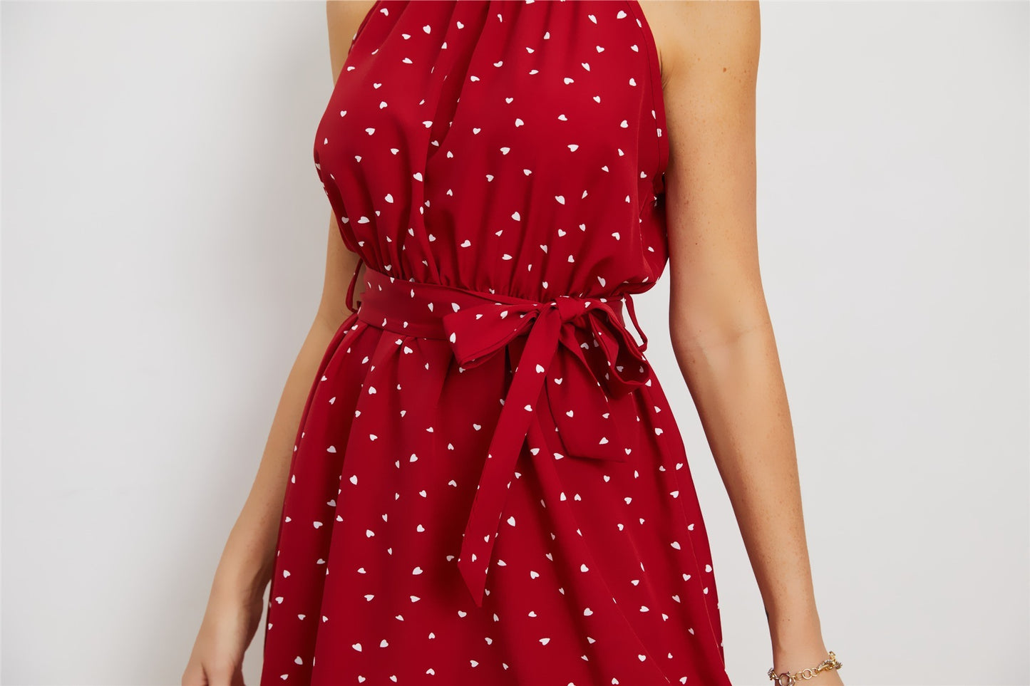 Heart Printed Tie Waist Halter Neck Dress